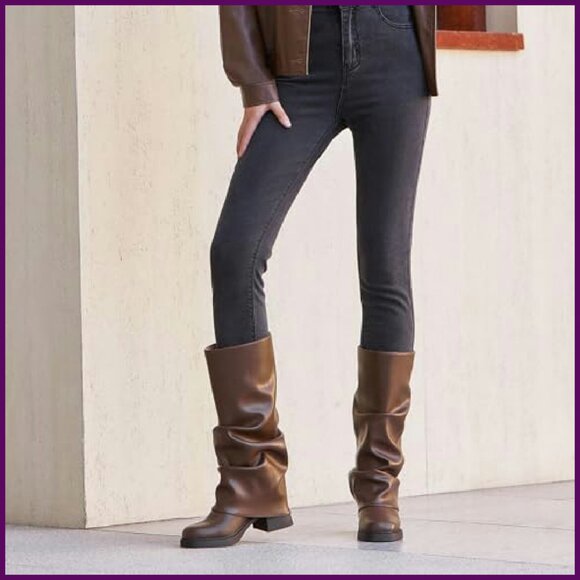 Slouchy Mid Calf Boots 2 Inch Block Heel Square Toe Pull On Booties - Picture 4 of 8